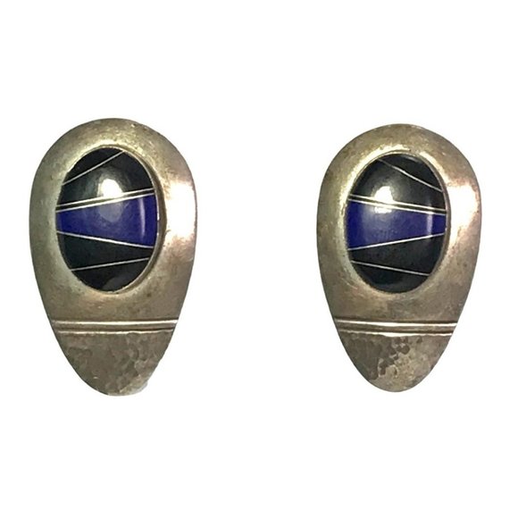Large Vintage Zuni Sterling Silver Inlay Earrings with Onyx and Lapis Signed FM - Picture 3 of 10
